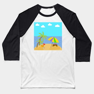 A vacation on a beach with palm trees, Ocean, sky and clouds with Umbrella, suitcase and beach toys. Baseball T-Shirt